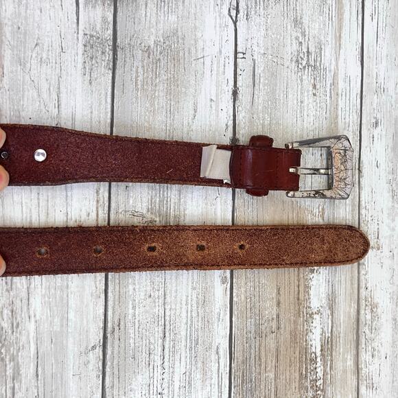 Fossil Western Leather Belt Sz 38 Brown Metal Woven Concho Silver Tone Cowgirl - Picture 11 of 14